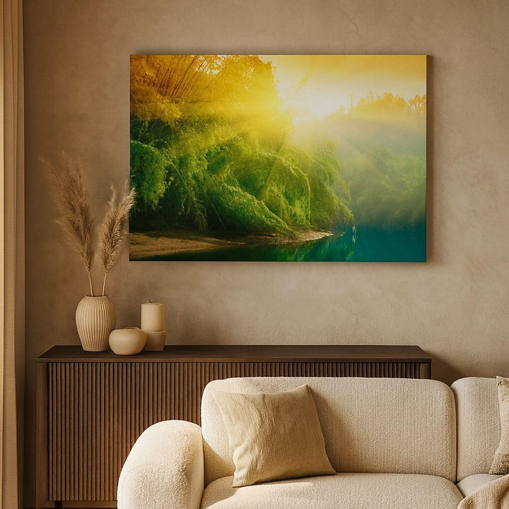 Bilder auf Leinwand 100x70cm Leinwandbild mit Rahmen Tropen Bäume Fluss Gross Wanddeko Bild Schlafzi