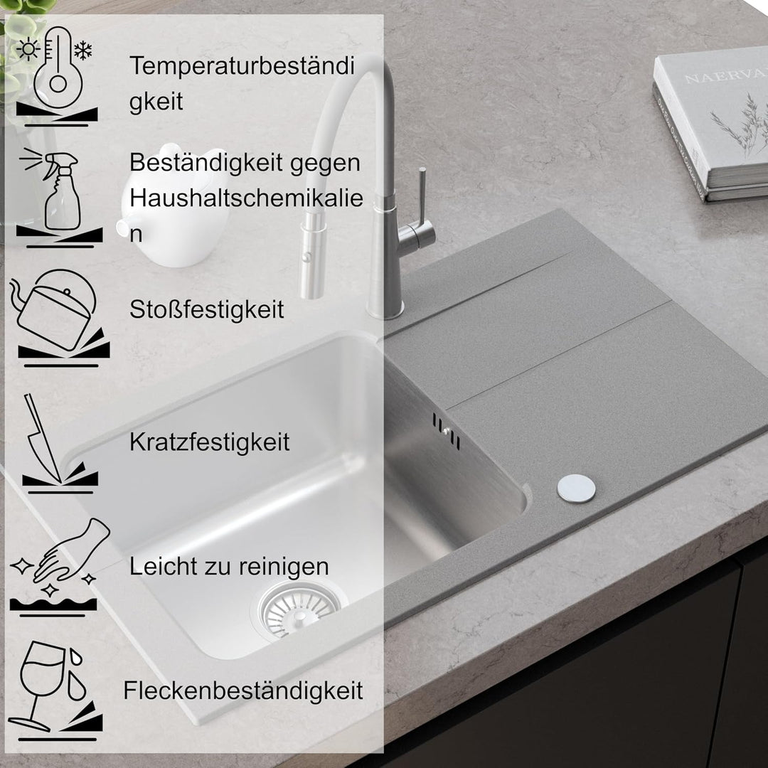 QUADRON | EDWARD Granitspüle mit einem Becken | Spülbeckenstöpsel und Abfluss im Lieferumfang enthal