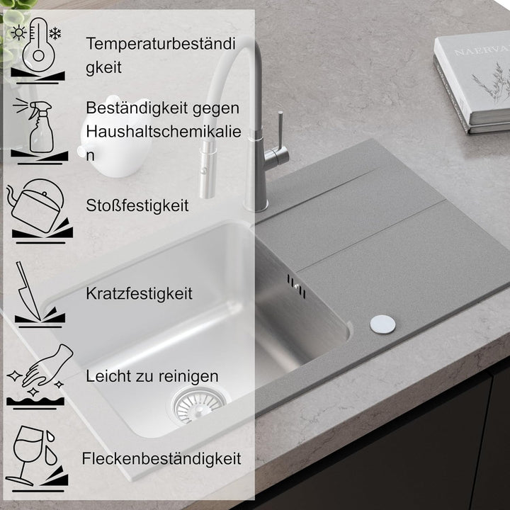 QUADRON | EDWARD Granitspüle mit einem Becken | Spülbeckenstöpsel und Abfluss im Lieferumfang enthal