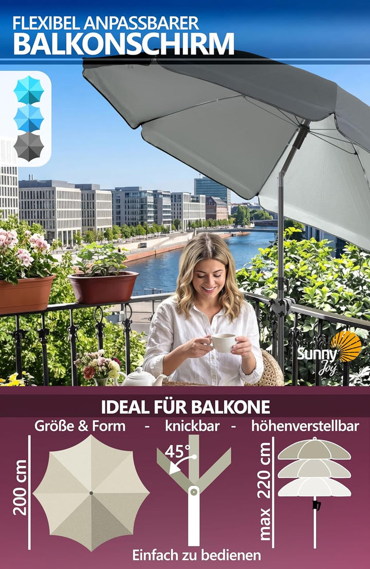 4smile Sonnenschirm Balkon SunnyJoy, 3-in-1 SET, Anthrazit - UPF 50+ Sonnenschirm Ø 200 cm + SunnyGu