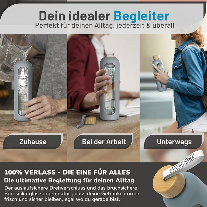 Amalindo Trinkflasche Glas 1L Bruchsicher (Borosilikatglas) - Glasflasche 1 Liter Schraubverschluss