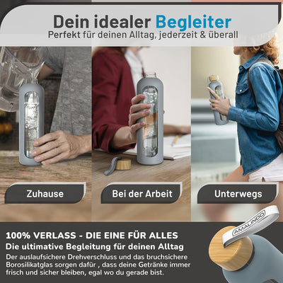 Amalindo Trinkflasche Glas 1L Bruchsicher (Borosilikatglas) - Glasflasche 1 Liter Schraubverschluss