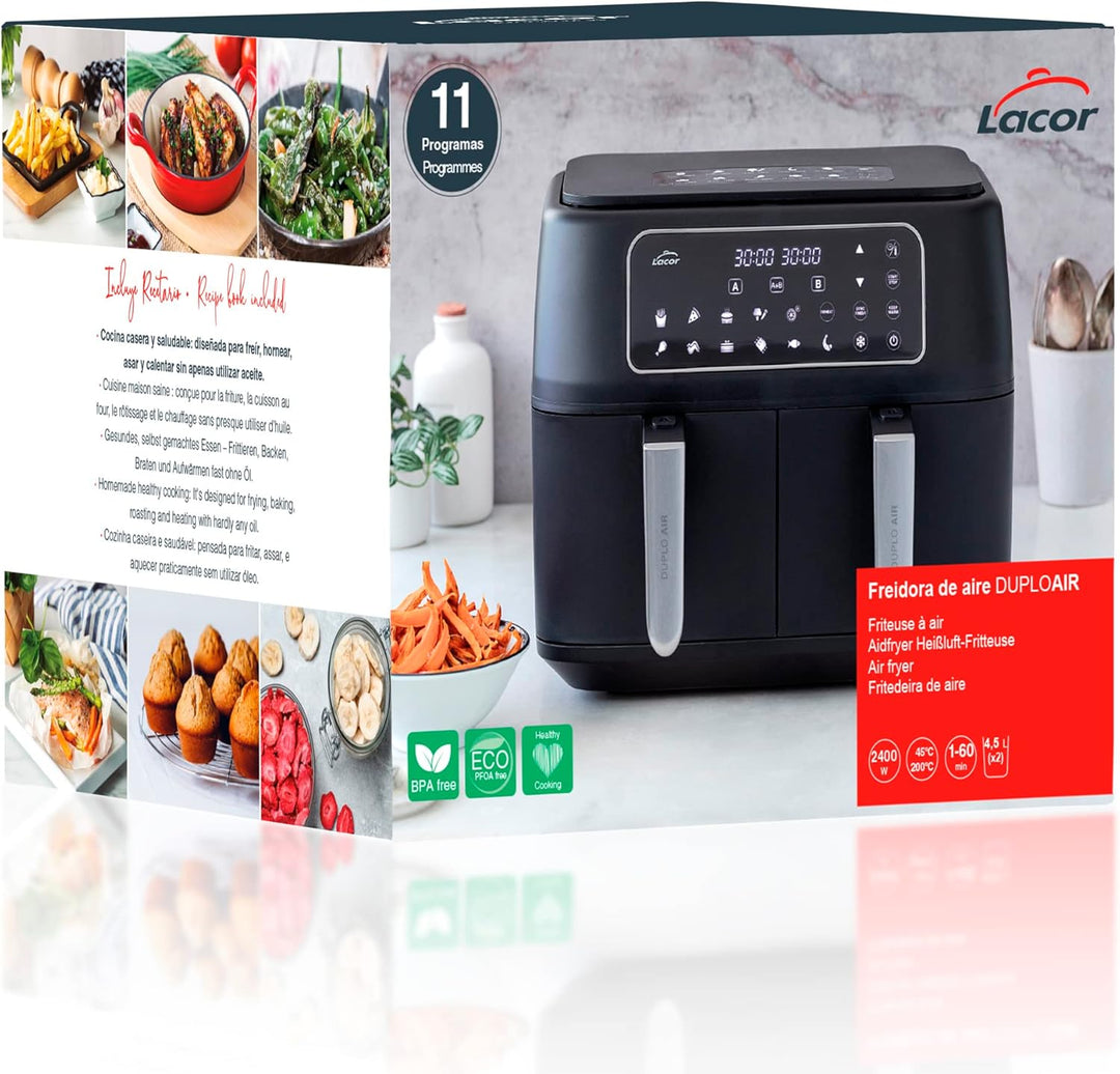 Lacor - 69508 - Ölfreie DuploAir-Fritteuse, Heissluftfritteuse mit Touchscreen, Doppelkorb, Inklusiv