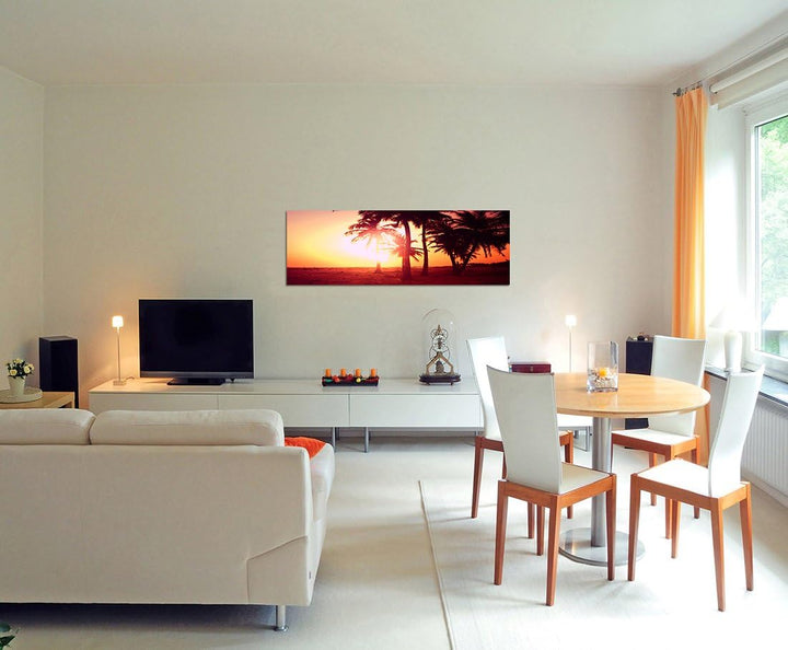 Paul Sinus Art Panoramabild auf Leinwand und Keilrahmen 150x50cm Tropen Palmen Strand Sonnenuntergan