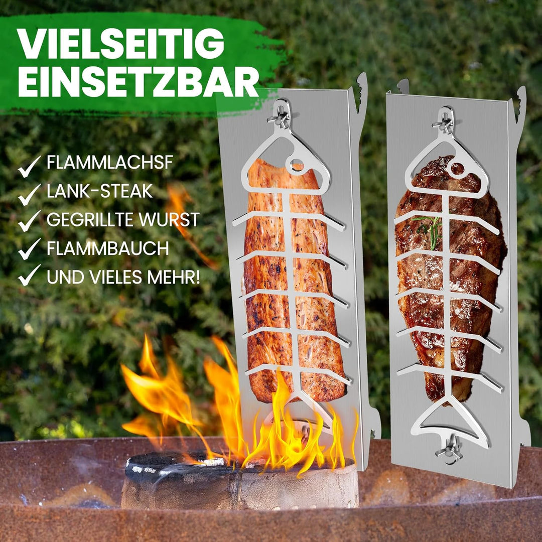 Flammlachsbrett Edelstahl|Extra breit 17cm Flammlachshalter passend für Feuerschalen und Grills mit