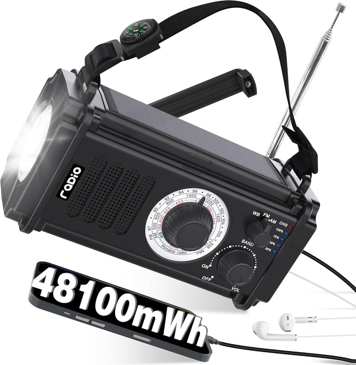 13000mAH Kurbelradio | Notradio mit AM FM Radio, Tragbare Baustellenradio, Batteriebetriebenes Radio