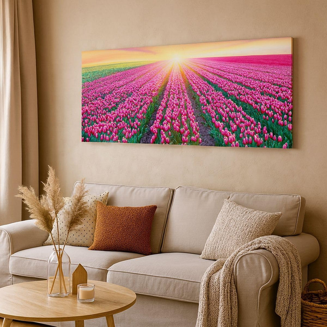Wandbilder Dekoration Wohnzimmer Wiese Tulpen Sonnenuntergang Frühling Bilder auf Leinwand 120x50cm