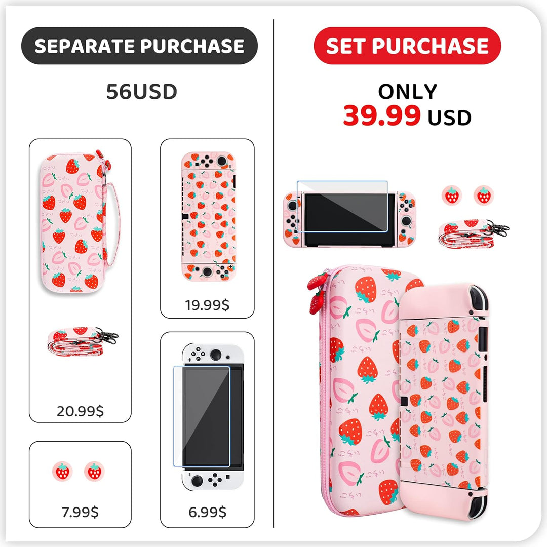 RHOTALL Strawberry Thema Tragetasche Set für Nintendo Switch OLED, süsses Zubehör Bundle für Switch