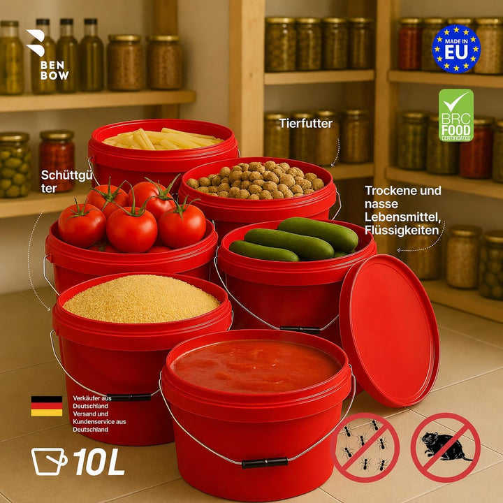 BenBow Eimer mit Deckel 10l rot 100x 10 Liter - lebensmittelecht, stabil, luftdicht, auslaufsicher,