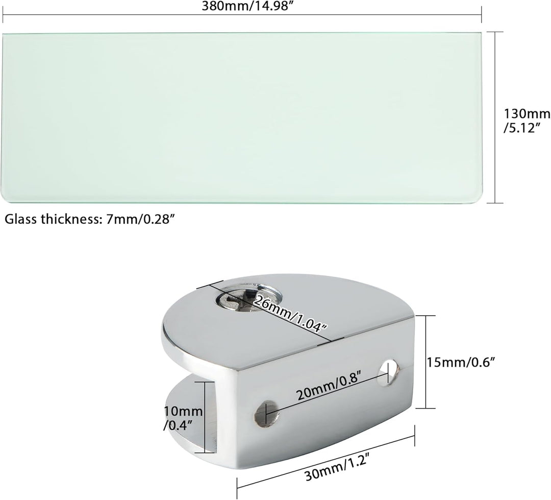 Glasregal 1 Set – 38 x 13 cm Klare Glasplatte (transparent) + 2,6 cm Klemmenhalter aus Zinklegierung