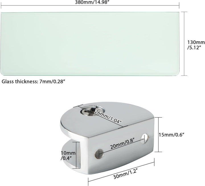 Glasregal 1 Set – 38 x 13 cm Klare Glasplatte (transparent) + 2,6 cm Klemmenhalter aus Zinklegierung