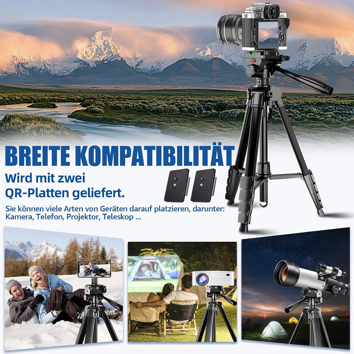 Lusweimi 187cm Kamera Stativ, Aluminium Reisestativ mit 360° Panorama Fluidkopf&2 QR-Platten für Son