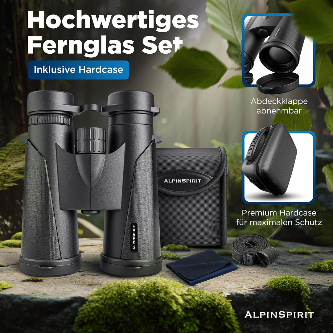 AlpinSpirit© Fernglas 8x42 inkl. Hardcase & Zubehör (Testsieger) – geeignet für Brillenträger - komp