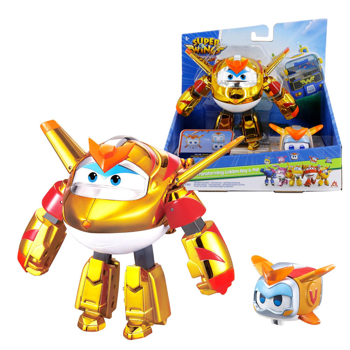 Super Wings EU770441 - Transforming Golden Boy & Pet, ca. 12 cm grosse verwandelbare Spiel-Figur mit