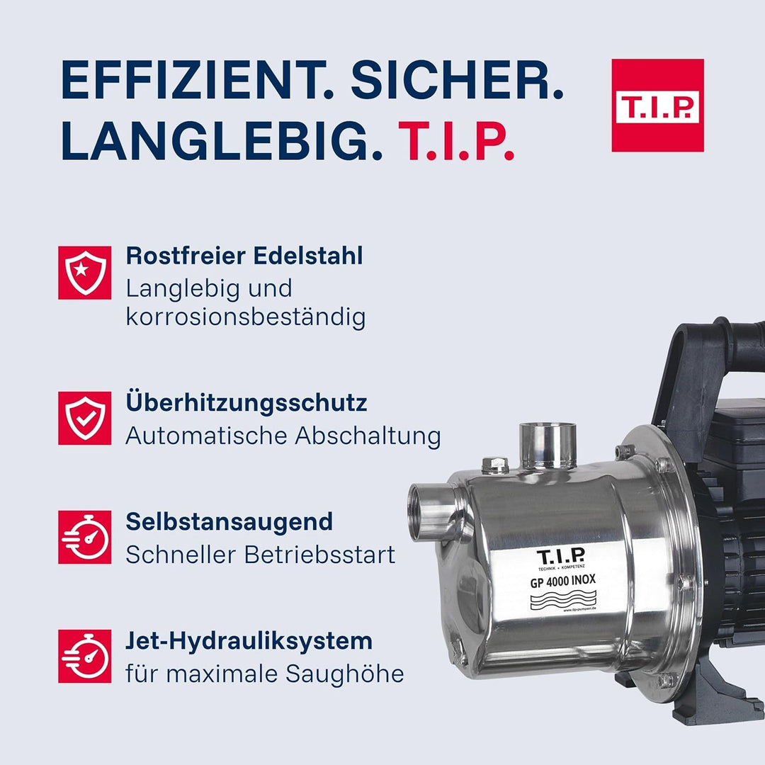 T.I.P. Gartenpumpe Edelstahl (4.000 l/h Fördermenge, 42 m Förderhöhe, 4,2bar Druck, 800W, selbstansa
