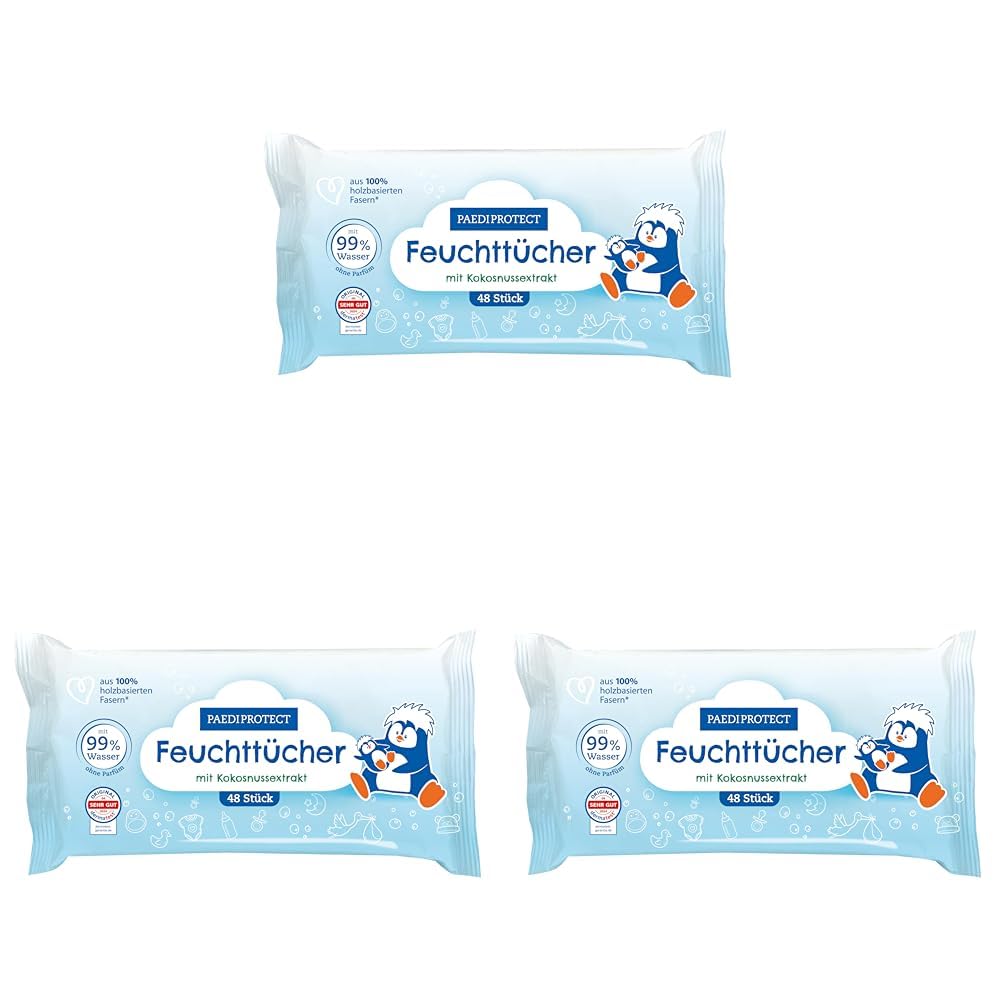 PAEDIPROTECT Feuchttücher 3 x 48 Stück, sensitive Baby Water Wipes mit 99% Wasser ohne Duftstoffe, f