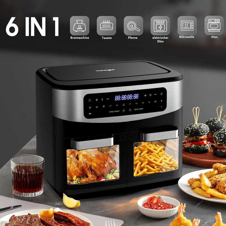 Iceagle Heissluftfritteuse Doppelkammer Airfryer 12L - Heissluftfriteuse XXL Friteuse mit Sichtfenst