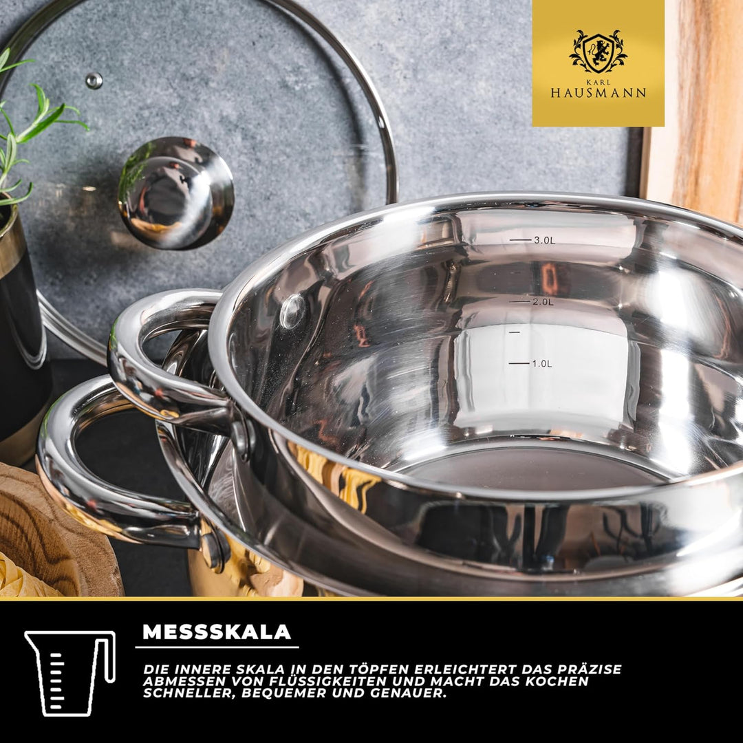 Topfset Induktion 3-teilig, Kochtopf Set mit Glasdeckel, Edelstahl mattiert, Induktions Töpfe Set un