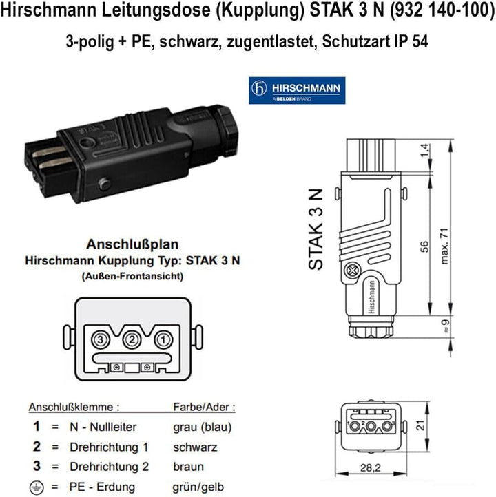 Hirschmann-Kupplung Stecker-Set für Jalousien, Markisen, Rollläden. 230 V. STAS 3 + STAK 3 + Stasi 3