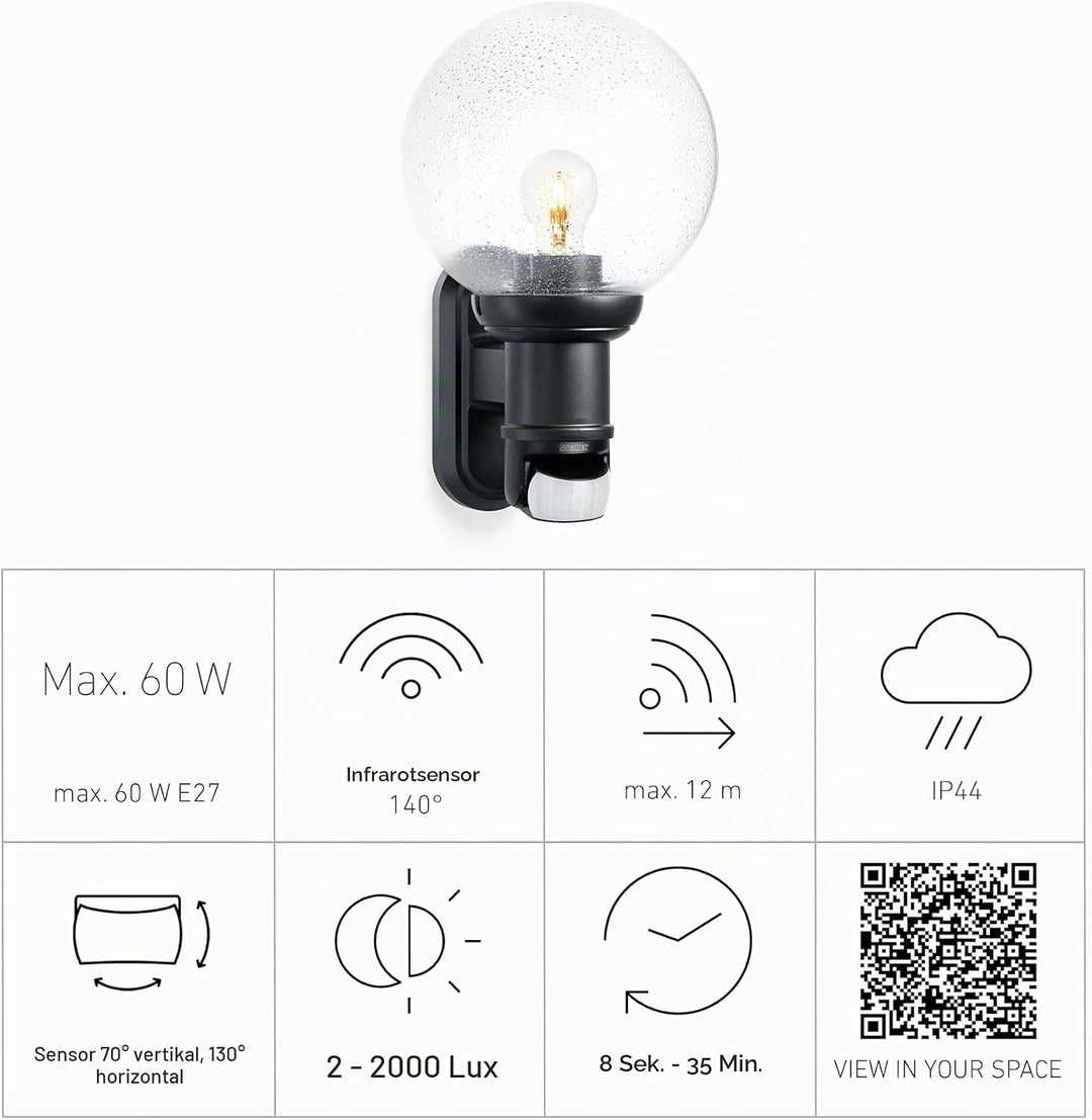 Steinel Aussenleuchte L 560 S schwarz, max. 60 W, E 27 , 140° Bewegungsmelder, 12 m Reichweite, klas