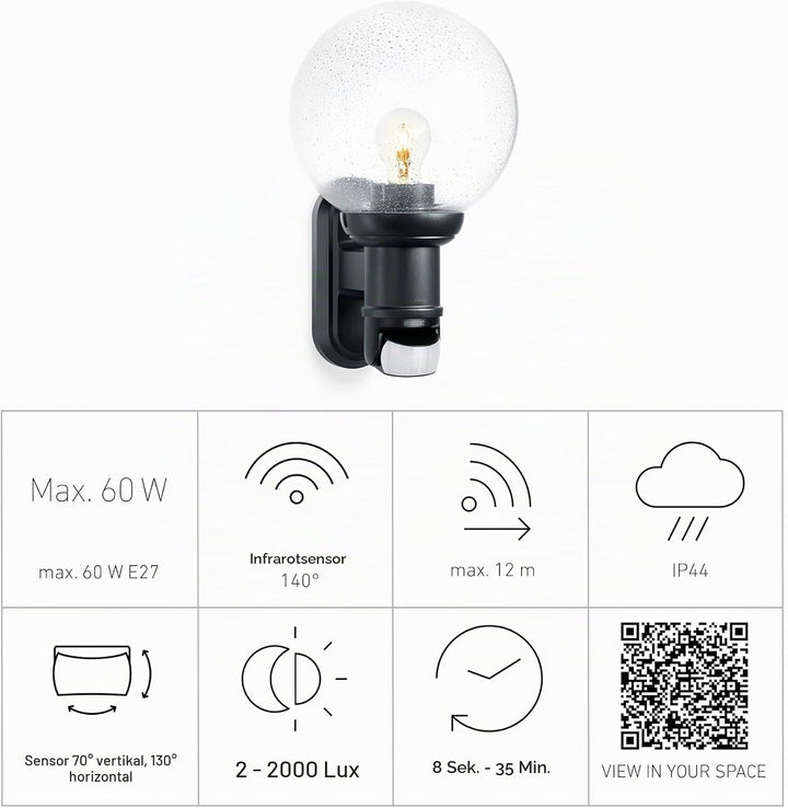 Steinel Aussenleuchte L 560 S schwarz, max. 60 W, E 27 , 140° Bewegungsmelder, 12 m Reichweite, klas