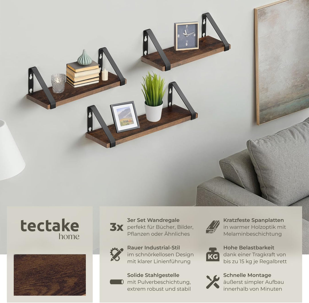 tectake® Industrial Wandregal Holz, 3X Regal Wand Set, Schweberegal, Regale 30/35/40 cm, Hängeregal,