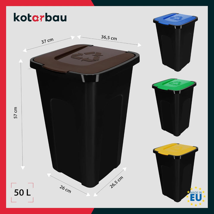 KOTARBAU® Müllbehälter 4er Set Gelb Blau Grün Braun - 50l Mülltrennungssystem mit Deckel für Haushal