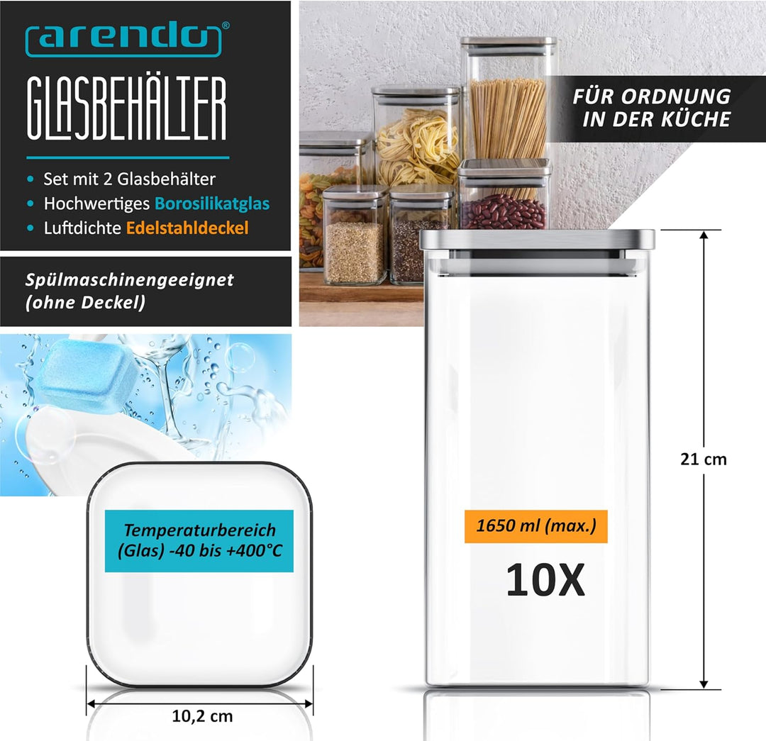 Arendo - Vorratsgläser 1650ml mit Deckel Edelstahl - 10er Set - Behälter aus Glas – hitzebeständig –