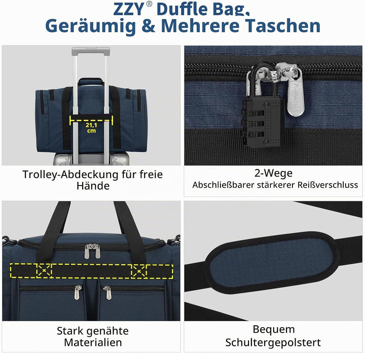 ZZY Sporttasche 40L für Herren mit 2 Seitentaschen &amp; Wasserabweisend - Leichte Reisetasche für Sport