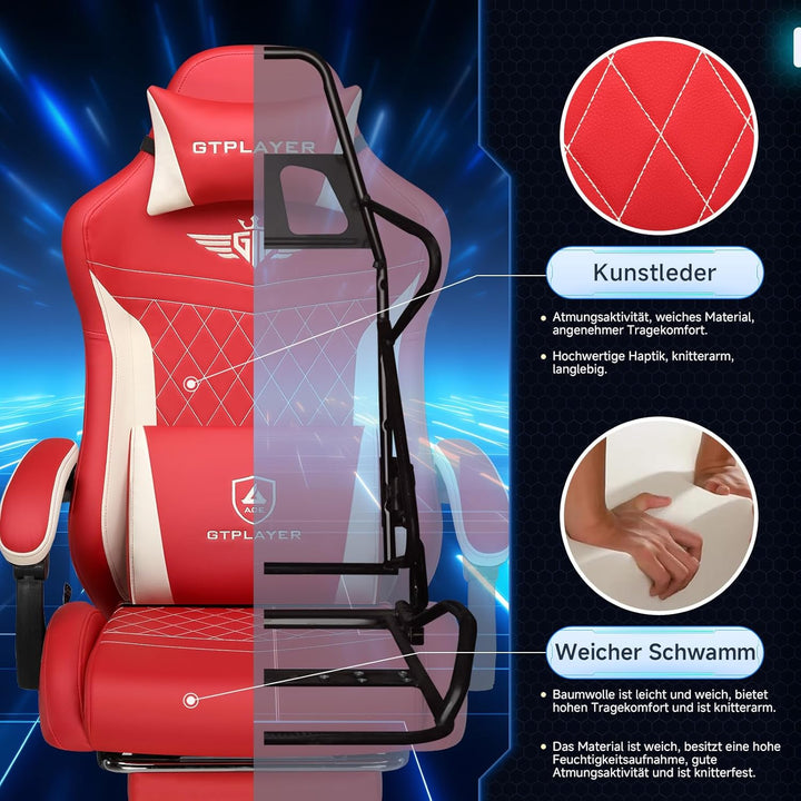GTPLAYER Gaming Stuhl, Ergonomischer Gamer Stuhl aus PU-Leder mit Lendenwirbelstütze, PC-Stuhl mit v