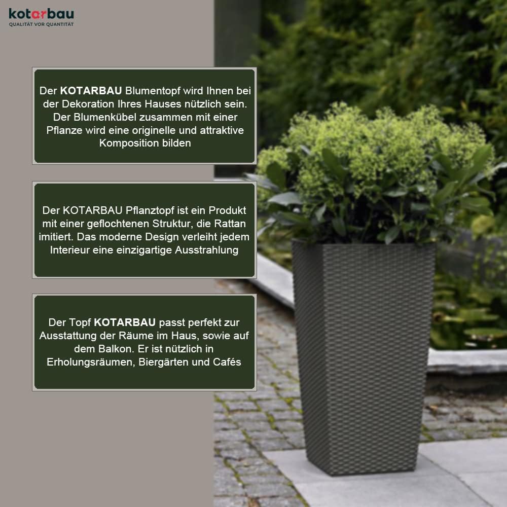 KOTARBAU® Blumentopf 200x200x376mm Rattandesign Quadratisch mit Innentopf Anthrazit, 200x200x376mm