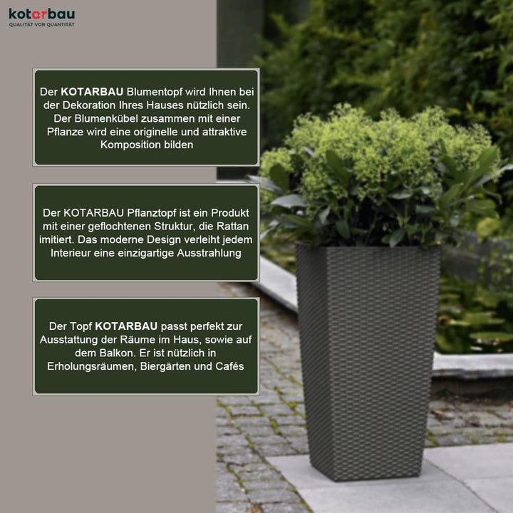 KOTARBAU® Blumentopf 200x200x376mm Rattandesign Quadratisch mit Innentopf Anthrazit, 200x200x376mm