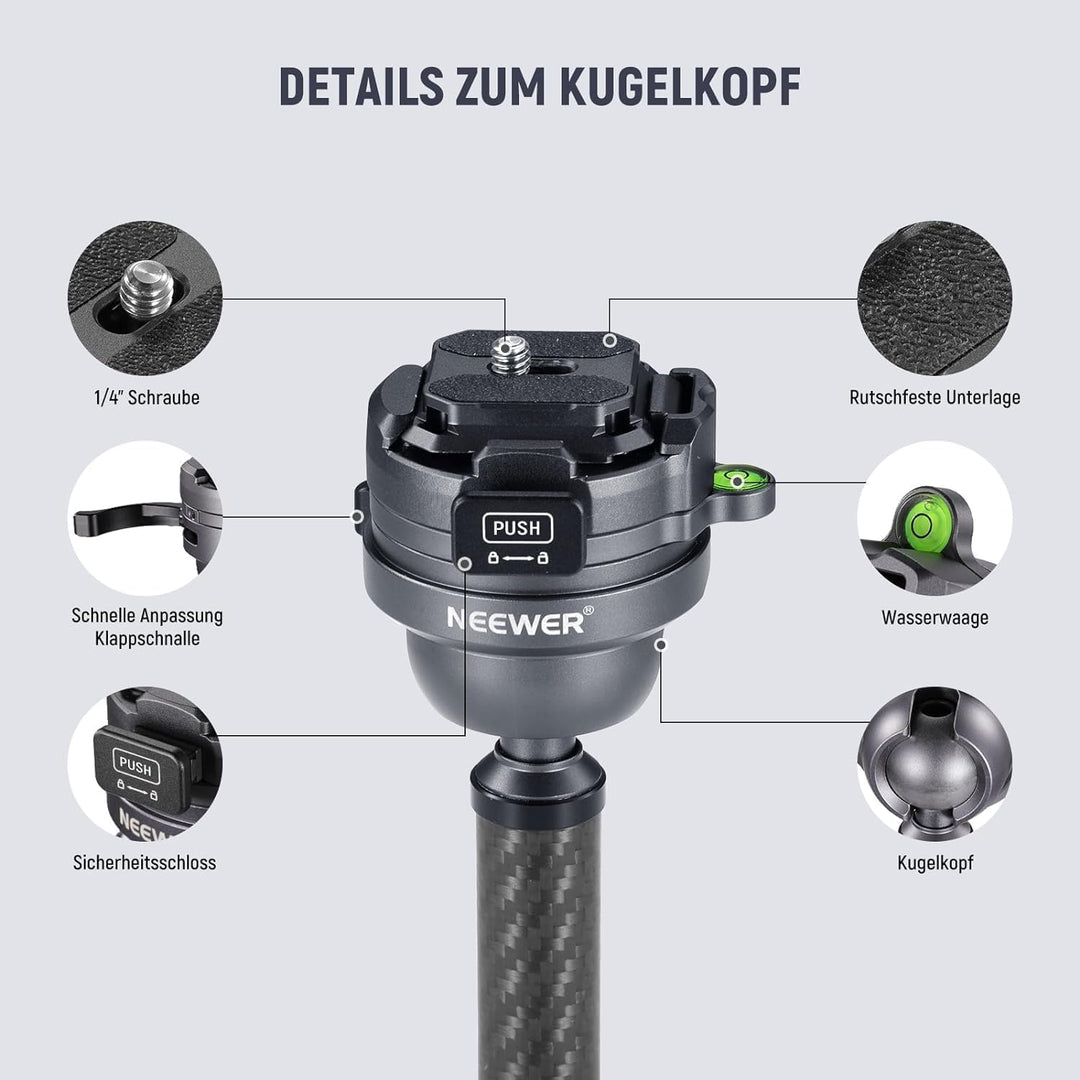NEEWER LITETRIP LT32 62" Reisestativ aus Kohlefaser mit ±15° nivellierbar 360° Panoramakopf abnehmba