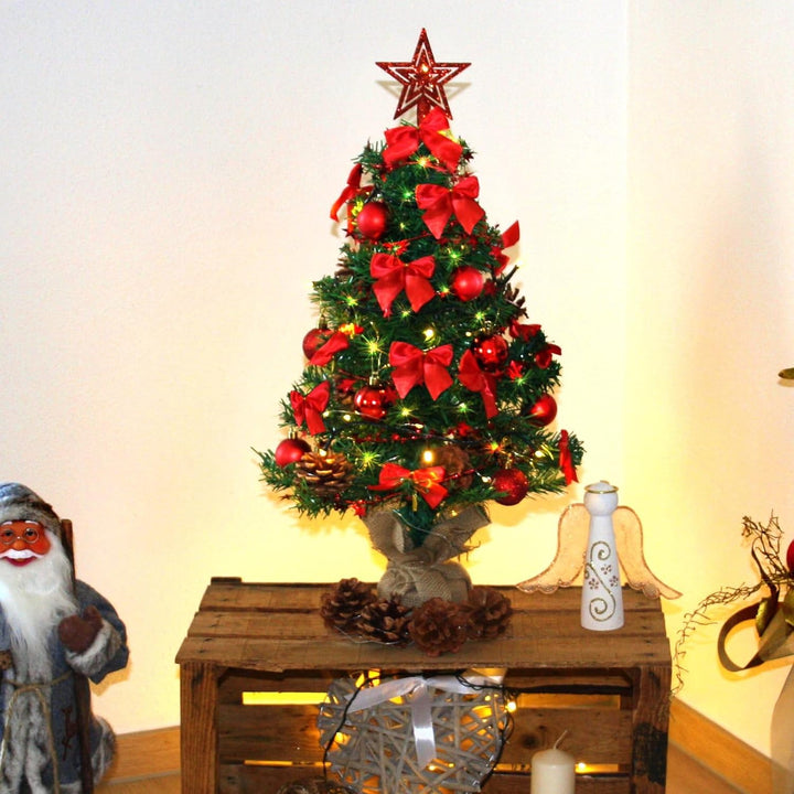 Weihnachtsbaum künstlich (WBD) 60 cm grün mit Weihnachtsdeko rot und Led Lichterkette mit Batteriebo