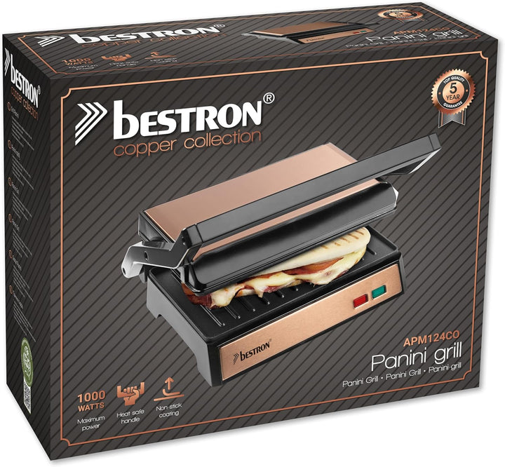Bestron elektrischer Kontaktgrill mit Auffangschale, Sandwichmaker mit Cool-Touch-Handgriff & 180° Ö