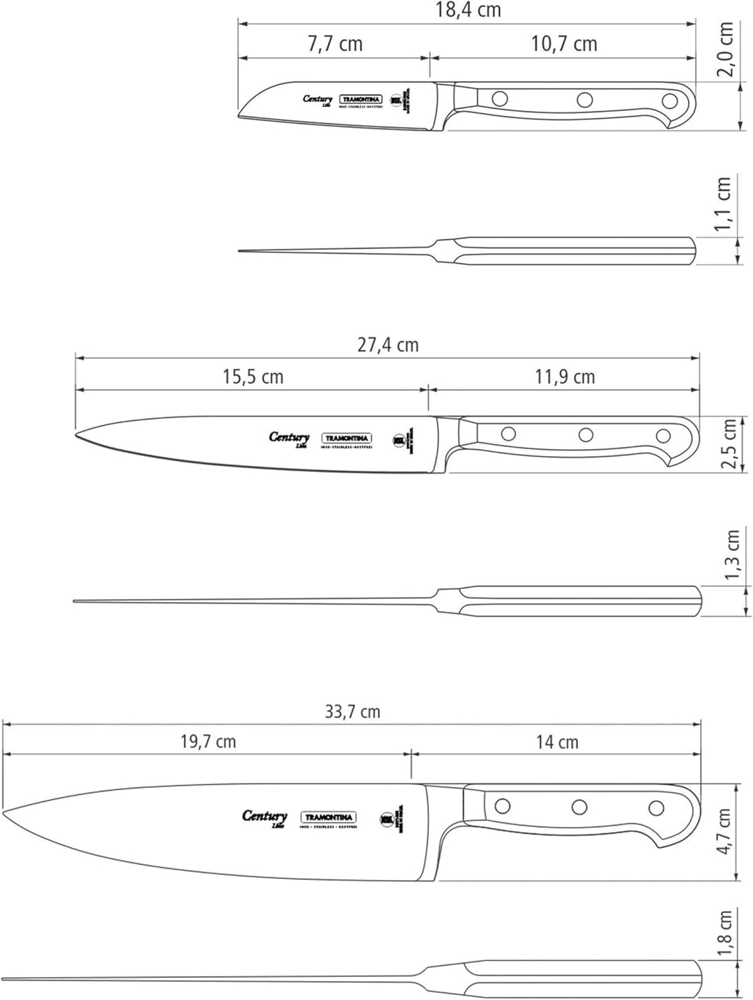 Tramontina Messerset CENTURY, 3-teilig, Edelstahl DIN 1.4110, schwarz, rostfrei, Century