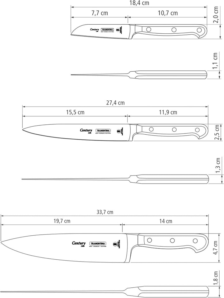 Tramontina Messerset CENTURY, 3-teilig, Edelstahl DIN 1.4110, schwarz, rostfrei, Century