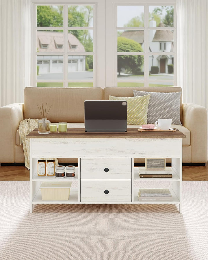 Hzuaneri Couchtisch, höhenverstellbarer Wohnzimmertisch, Sofatisch, 2 Schubladen und Versteckter Sta