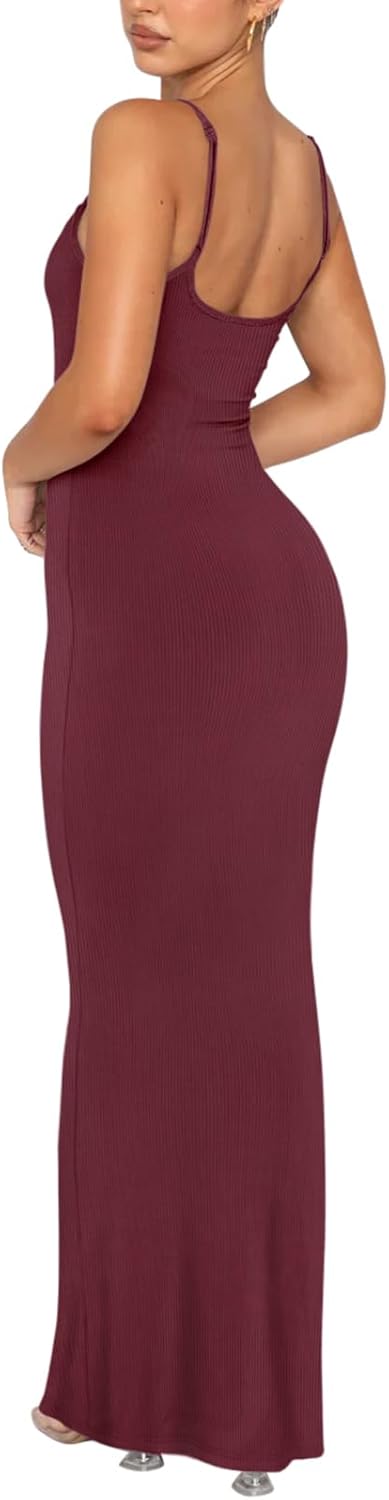 REORIA Damen Sexy Lounge Slip Langes Kleid Elegantes Hochzeitsgast ärmelloses rückenfreies Geripptes