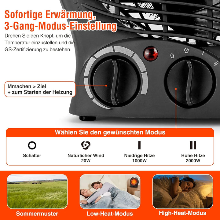 Heizlüfter Energiesparend mit Thermostat, 2000W Tragbare Elektroheizung mit 3 Heizstufen, Instaheat