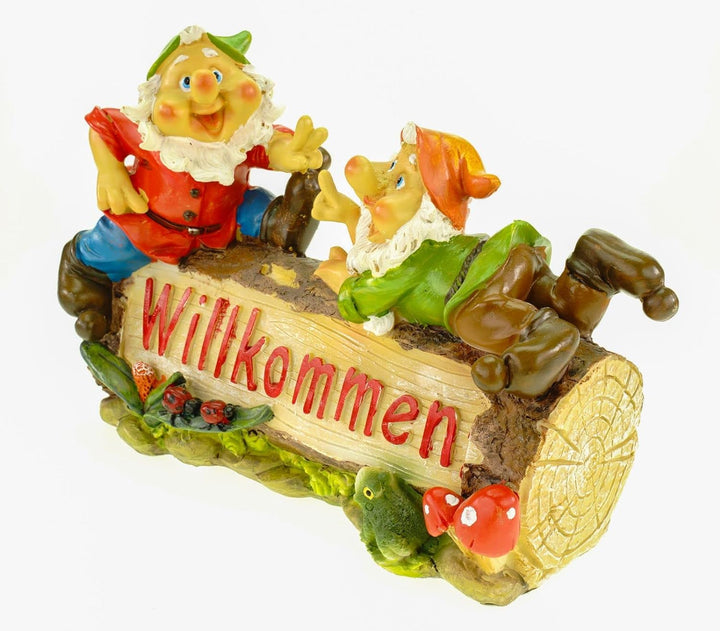 G. Wurm GmbH + Co. KG Welcome Gartenzwerg auf Holzstamm 26 cm Gnom Figur Gartenfigur Zwerg