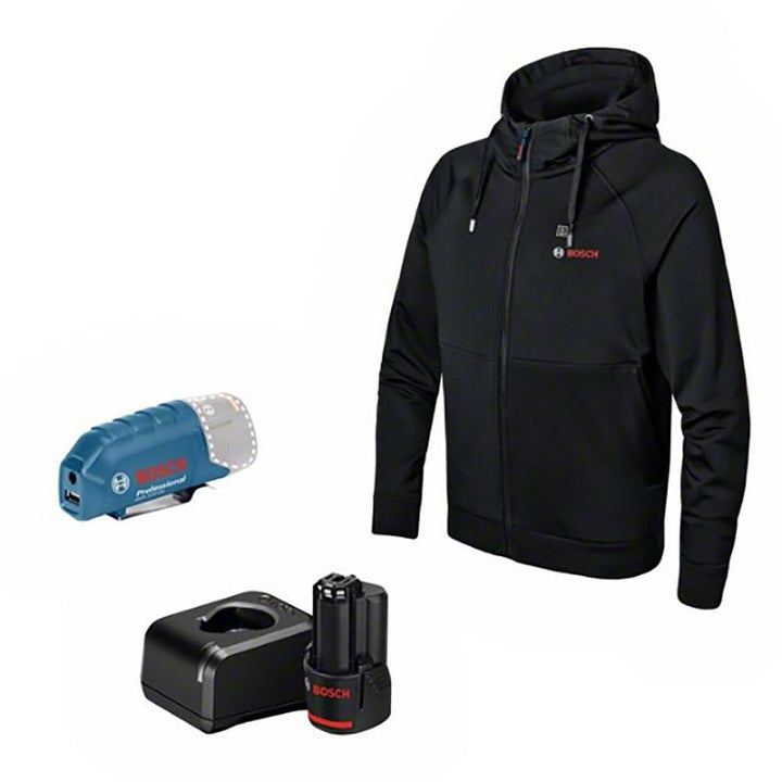 Bosch Professional Beheizbare Sweatjacke GHH 12+18V XA (inkl. USB-Ladeadapter GAA 12V-21 + GBA 12V 2