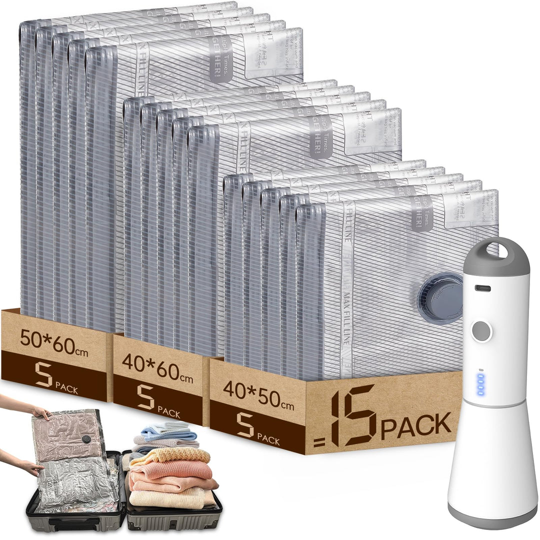 Vacbird Vakuumbeutel für Kleidung mit Kabelloser Vakuumpumpe, 15 Stück (5x 40x50cm, 5x 40x60cm, 5x 5