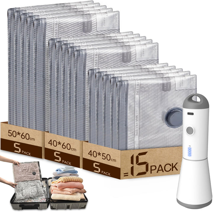 Vacbird Vakuumbeutel für Kleidung mit Kabelloser Vakuumpumpe, 15 Stück (5x 40x50cm, 5x 40x60cm, 5x 5