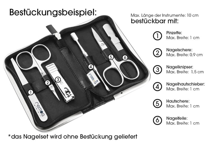 REMOS Nageletui leer aus echtem Leder zum Bestücken mit 6 Instrumenten - schwarz, schwarz