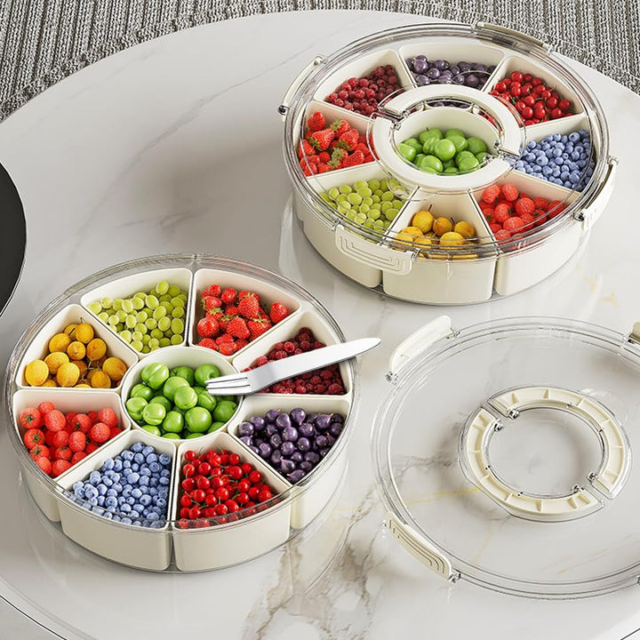 Snackbox mit Fächern, Rund Grosse Snackdose mit 9 Fächern, Deckel, Griff, 4 Gabel, Snackteller mit D