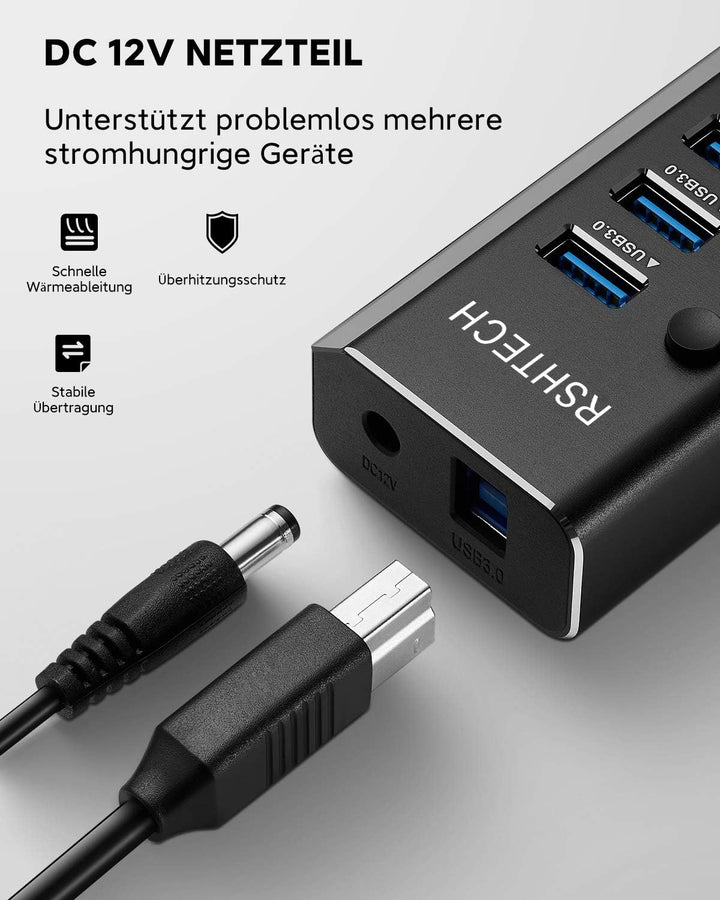 RSHTECH Aluminium 24W USB Hub Aktiv 3.0 mit 12V/2A Netzteil, 7-Port USB 3.0 Hub Multiport USB 3.0 Ve