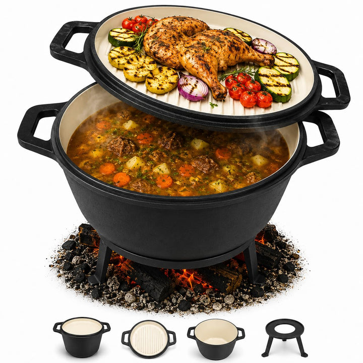HAGE Emailierter Gusseisen Kessel 8L mit Grillpfanne Dutch Oven Feuertopf Gulaschkessel für Lagerfeu