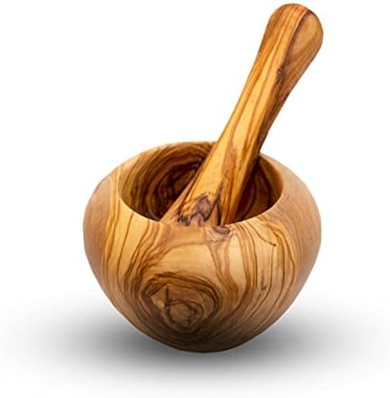 Mörser mit Stössel aus Olivenholz, Kräutermörser, handgefertigt mit Naturrand, Küchenmörser Holzmörs
