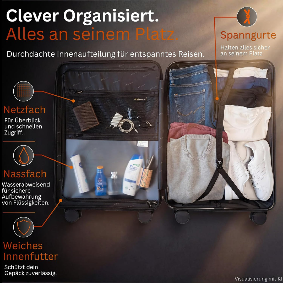 Cocoono Hartschalenkoffer XL Gross - 100L Volumen - 158cm Gurtmass - 8 Rollen 360° drehbar - Leichte